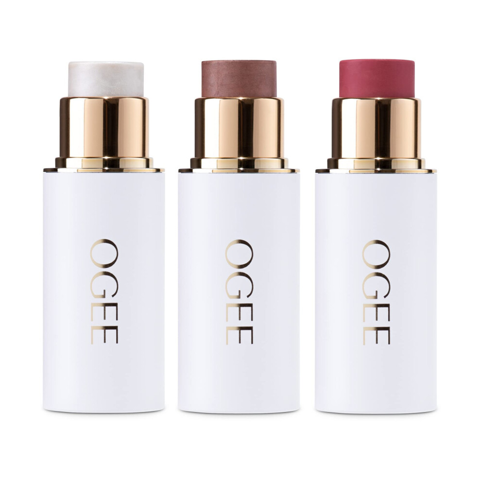 Ogee Face Stick Trio - Contour Stick Makeup Collection - Certified Organic Bronzer Blush Stick And Highlighter Stick For A Flawless Look