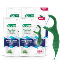 GUM Twisted Mint Floss Picks - Twisted Threads Shred-Reistant Floss Easy Grip hndtag 150ct. (Pakke med 4)