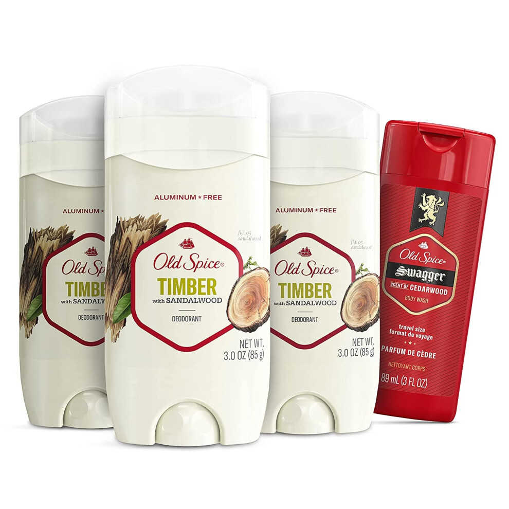 Old Spice Men's Deodorant Aluminum-Free Timber with Sandalwood  3.0oz Pack of 3 with Travel-Size Swagger Body Wash