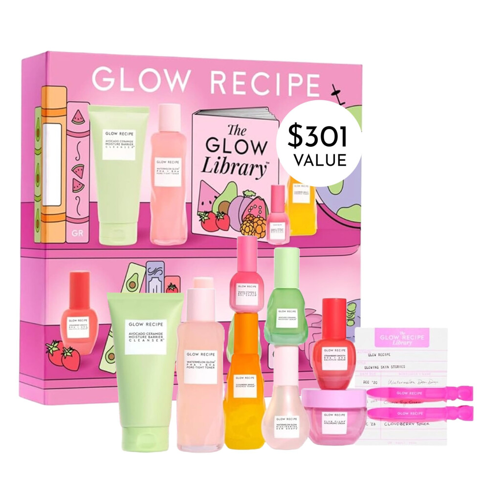 Glow Recipe Library Skincare Gift Set - Avocado Face Wash + Face Serum + Facial Toner + Guava Eye Cream + Hyaluronic Acid Moisturizer + Dew Drops