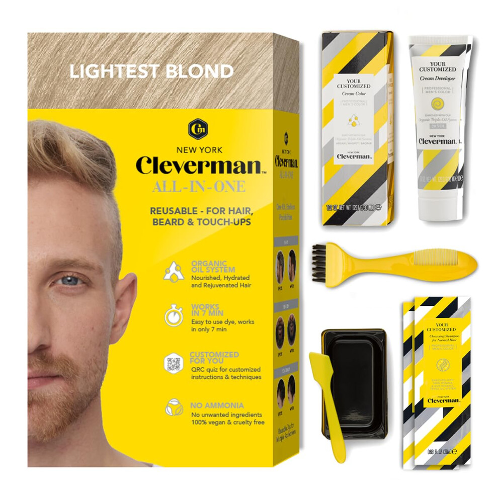 Photos - Hair Dye CLEVERMAN Lightest Blond Hair & Beard Dye for Men All-in-One Reusable Kit - Men's Color For Natural-Looking Gray Coverage Pr