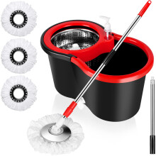 Spin Mop and Bucket with Wringer Set on Wheels, 360 Spinning Mop Bucket System with 3 Microfiber Mop Replacement Heads and 61" Stainless Steel Adjusta