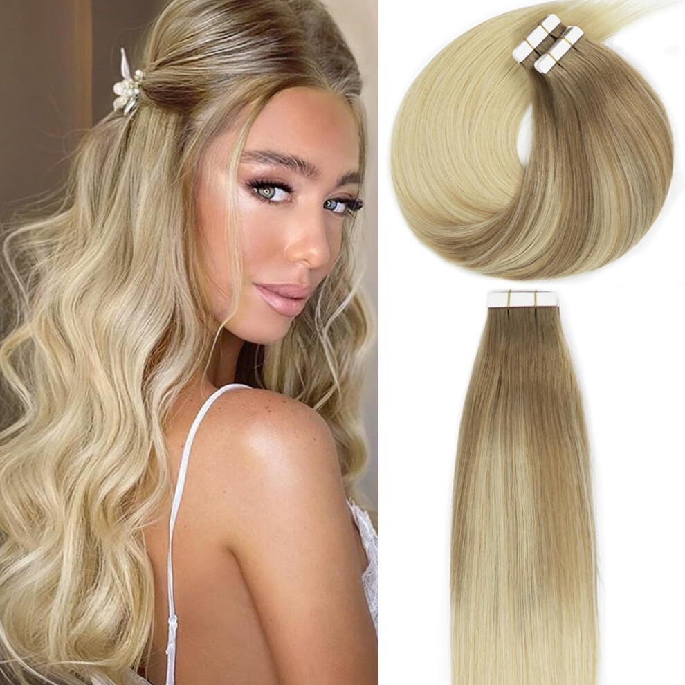 Lacer Unisex Brown,Silver Hair Extensions Real Human Hair Tape In Balayage Light Brown To Platinum Blonde Real Virgin Tape In Hair Extensions Human Hair Pu Skin Weft