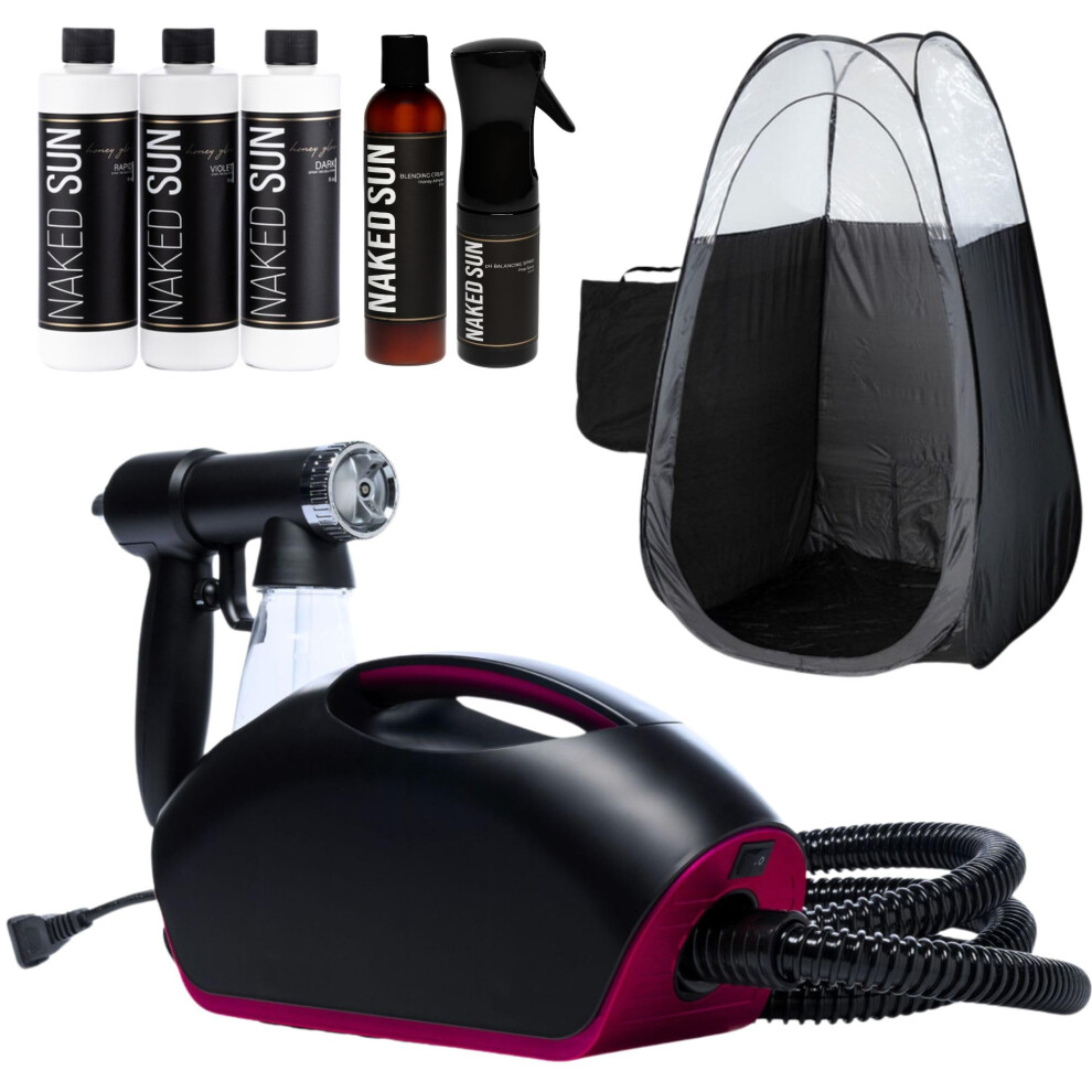 Naked Sun Fascination Spray Tanning Machine with Honey Glow Tanning Solution Barrier Cream Prep Spray and Tent (7 Items)