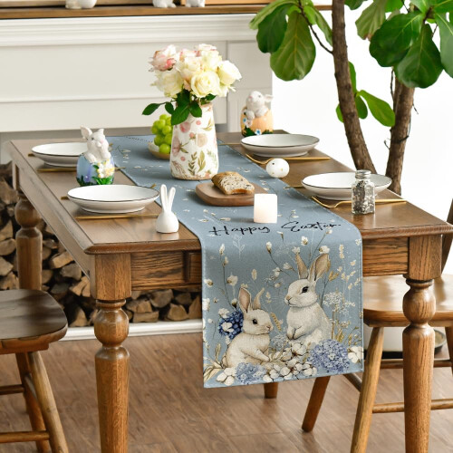 Bunny Rabbit Hydrangea Happy Easter Table Runner, Seasonal Spring Kitchen Dining Table Decoration for Home Party Decor 13x72 Inch 1