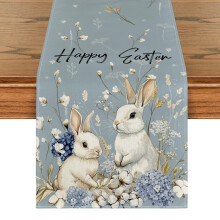 Bunny Rabbit Hydrangea Happy Easter Table Runner, Seasonal Spring Kitchen Dining Table Decoration for Home Party Decor 13x72 Inch
