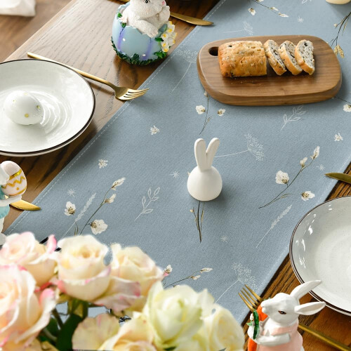 Bunny Rabbit Hydrangea Happy Easter Table Runner, Seasonal Spring Kitchen Dining Table Decoration for Home Party Decor 13x72 Inch 2