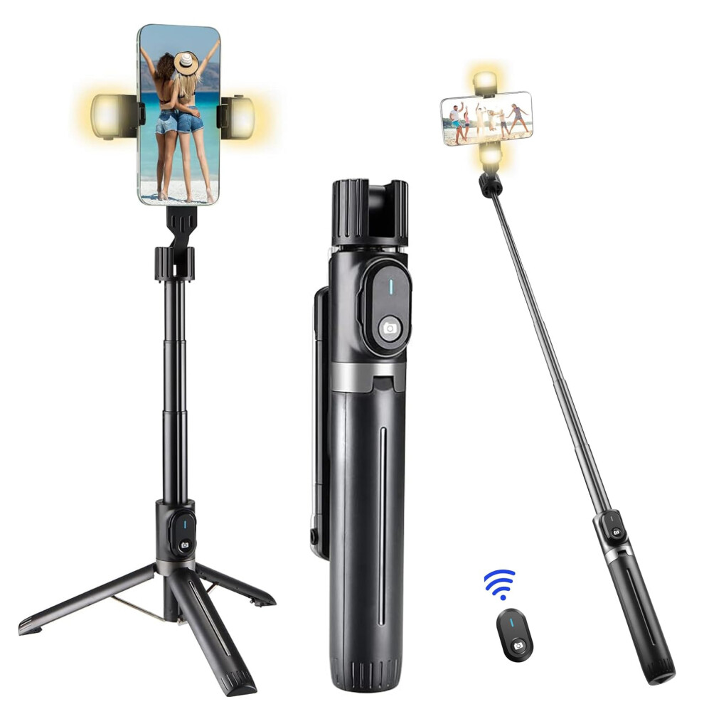 Selfie Stick With Rugged Tripod, Extendable 41 Inch Aluminum Alloy Phone Tripod With Remote Light