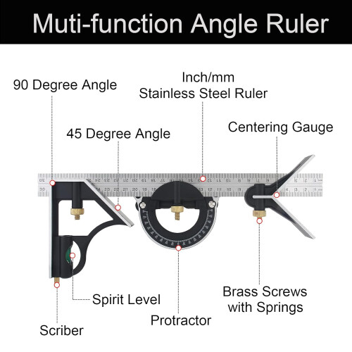 12' Adjustable Sliding Combination Square Ruler  Protractor Level Measure Measuring Set, Inch/Metric 1