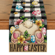 Plaid Bunny Egg Flowers Happy Easter Table Runner, Seasonal Spring Kitchen Dining Table Decor for Home Party Decor 13x72 Inch Ref:eZQ