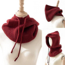 (red) Warm Hooded Scarf Knitted Hooded Scarf Hijab For Winter