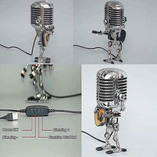 (White) Vintage Microphone Robot Lamp Night Light Bedroom Bar Desktop Decoration 2