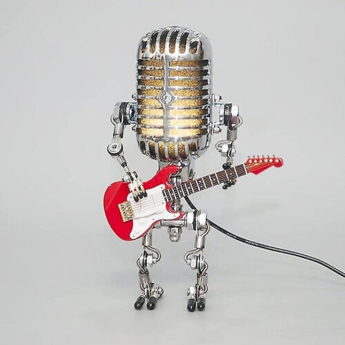 (Red) Vintage Microphone Robot Lamp Night Light Bedroom Bar Desktop Decoration 1