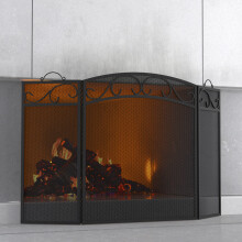 Fireplace Screen 3 Panel with Handles Wrought Iron 51'(L) x31(H) Spark Guard Cover(Sanded Black)