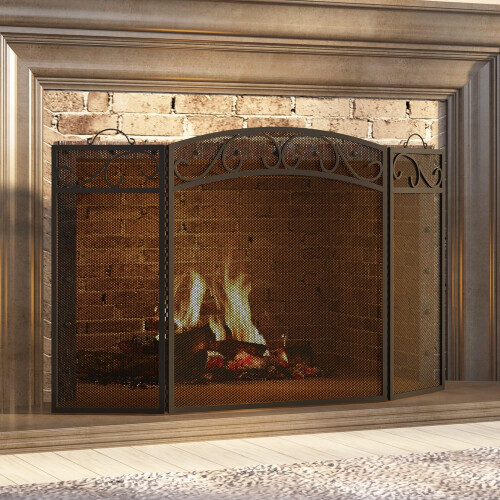 Fireplace Screen 3 Panel with Handles Wrought Iron 51'(L) x31(H) Spark Guard Cover(Sanded Black) 2