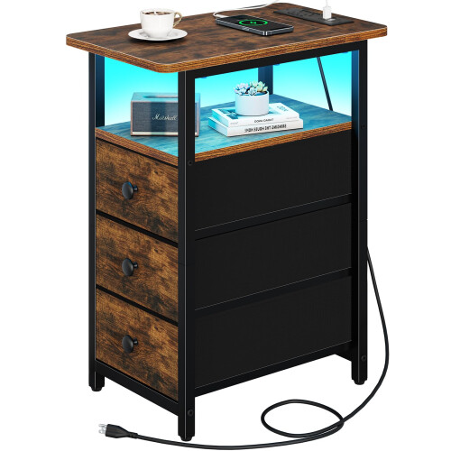 End Table with Charging Station, LED Narrow Side Table Bedside Table, Small Night Stand