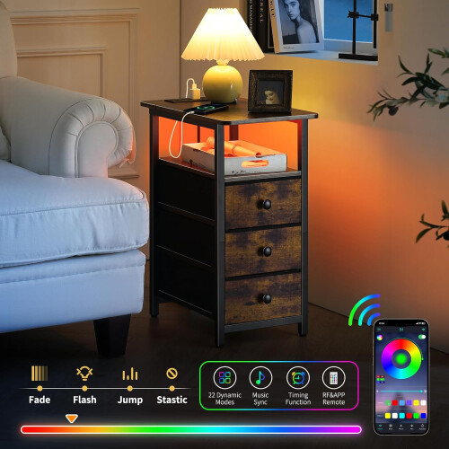 End Table with Charging Station, LED Narrow Side Table Bedside Table, Small Night Stand 2