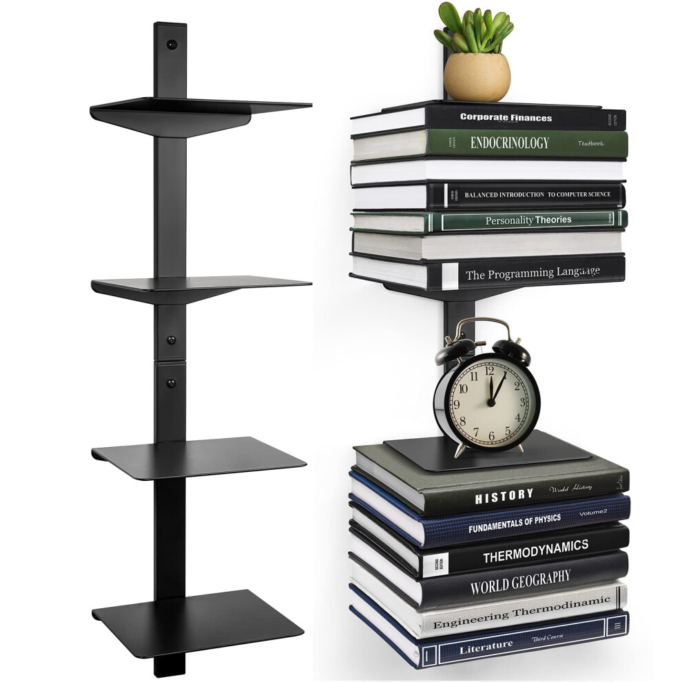 Invisible Floating Bookshelf For Wall Mounted, 4 Tier Vertical Spine Book Tower, Heavyduty Metal Book Organizers For Home Office, 2 Pack Black 820064785572
