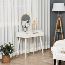 HOMCOM Modern White Dressing Table with 2 Drawers & Round Mirror, Gold Accents, Rubber Wood Legs – 831-355