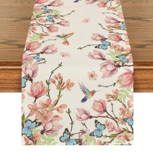 Flowers Bird Butterfly Spring Table Runner, Seasonal Kitchen Dining Table Decoration for Home Party Decor 13x72 Inch