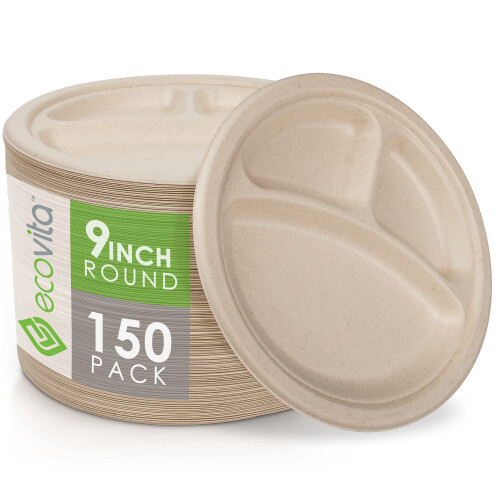Compostable Paper Plates 9 in. COMPARTMENTS – 150 Disposable Plates Eco Friendly