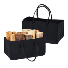 Set of 2 Firewood Bags, Felt, 28L, Foldable Storage Basket for Logs, 25 x 50 x 25 cm, Black,, 25x50x25cm