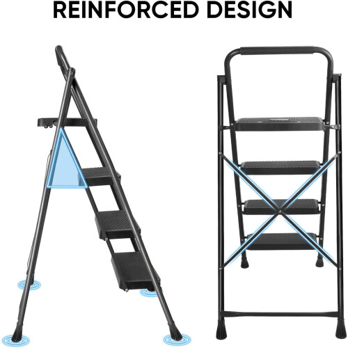 4 Step Ladder, Foldable Step Stool, Steel Folding Stool for Household Garage Storage (Black) 2