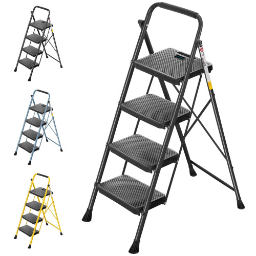 4 Step Ladder, Foldable Step Stool, Steel Folding Stool for Household Garage Storage (Black)