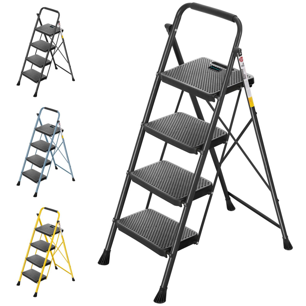 4 Step Ladder, Foldable Step Stool, Steel Folding Stool For Household Garage Storage (Black) 820064790859