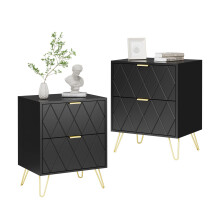 Black Nightstand Set of 2 with Gold Handle, Bedside Table with 2 Drawers, Night Stands Set of 2 Gold Legs for Bedroom Living Room