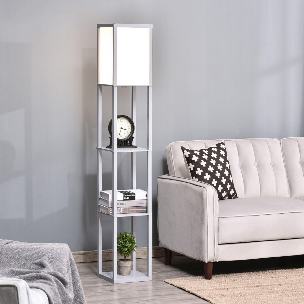 Homcom Floor Lamp Reading Lamp With 3-Tier Storage Shelf For Home Office Grey