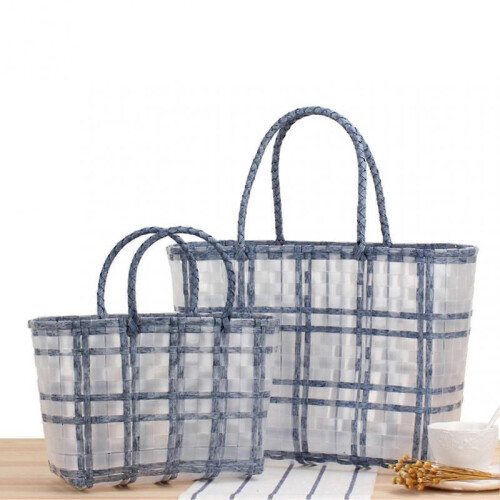 (S, Light Blue) Vegetable Basket Large Capacity Waterproof Pvc Fruit Braid Hand-carrying Organizer Pouch For Home 2