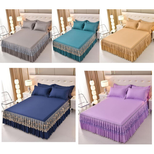 Openwork Lace Bed Skirt Queen Size 15 Inch Drop Adjustable  Elastic Wrap Around Bed Skirts 2