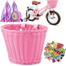Kid Bicycle Basket Small Wicker Basket Bike Streamers for with 2 Pieces Bell