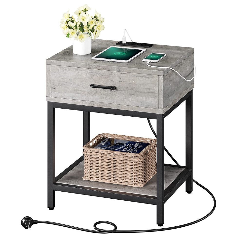 Nightstand with Charging Station Rustic Grey Side Table with Drawers and Open Shelf Bedside Table with USB Ports and Outlets