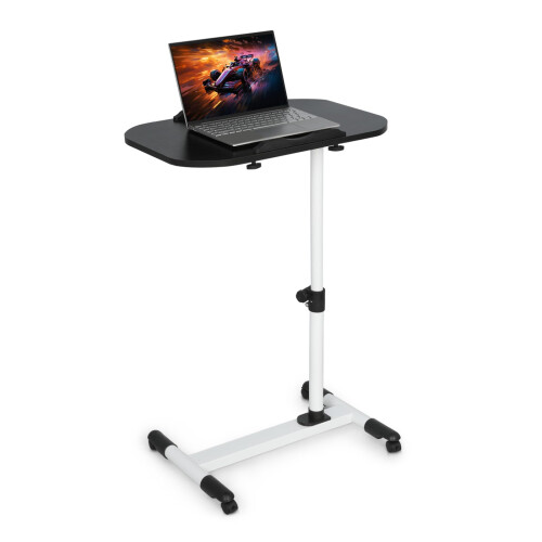 Small Mobile Standing Desk, Adjustable Height Computer Desk with 360 Rolling Casters, Tilting Overbed Table for Home Office and School, White