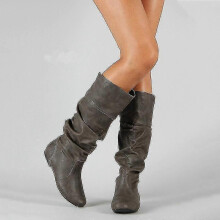 (37, Grey) Women Faux Leather Flat Mid Calf Slouch Boots Wide Leg Shoes
