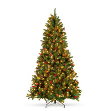 6ft PreLit PreDecorated Spruce Hinged Artificial Christmas Tree w/ 798 Tips, Pinecones, Berries, 250 Lights, Metal Base
