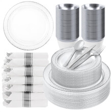 350PCS Clear Plastic Plates with Silver Trim for 50 Guests, Disposable Dinnerware Set for Party Wedding