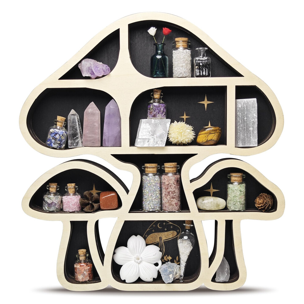 Wooden Mushroom Floating Shelves, Crystal Display Shelf for Wall, Cute Mushroom Wall Decor