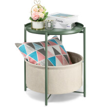 Round Side Table with Fabric Storage Basket, Metal Small Bedside Table Nightstand with Tray, Dark Green