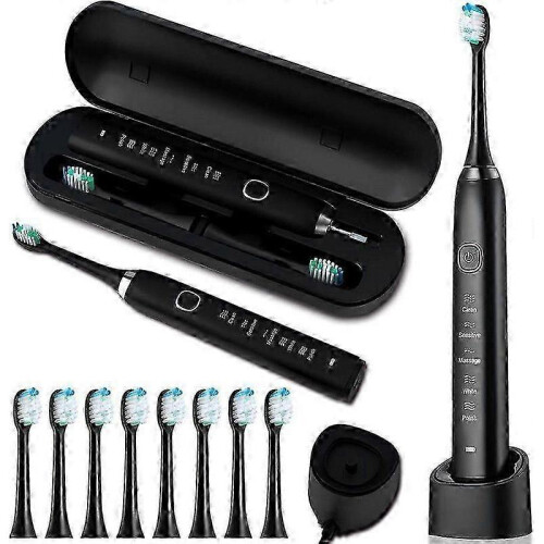 (S100 White 8 Heads)Sarmocare S100 Sonic Electric Toothbrush USB Rechargeable Waterproof with 8 Brush Heads and 5 Cleaning Modes for Oral Care