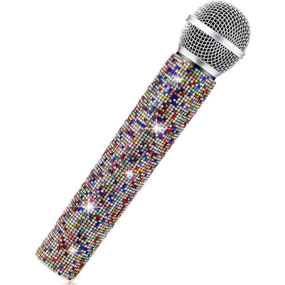 Unisex Fake Microphone Prop Sparkly Bling Rhinestones Plastic Play Microphone Pretend Glitter Bedazzled Mic For Cosplay Party Costume(Colorful)