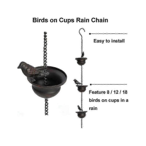 Rain Chains for Gutters with Mobile Birds on Cups - 7.8 Ft Rain Chimes with Hanger Attached 2