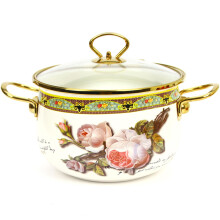 Enamel Stockpot with Glass Lid, Nonstick Saucepan Pot with Handle, Vintage Floral, Safe for Induction