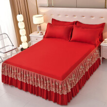 Solid Color Lace Bed Skirt King Size Ruffled Bedskirt Soft Bed Skirt Set 3 PCS Red