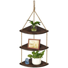 Hanging Corner Shelves 3 Tier Wooden Rustic Jute Rope Shelving Organizer Displays Wall Mounted