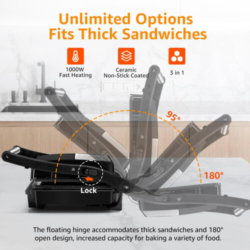 Panini Press Grill, 1000W Sandwich Maker with Ceramic Nonstick Plates, Opens 180 Degrees 2