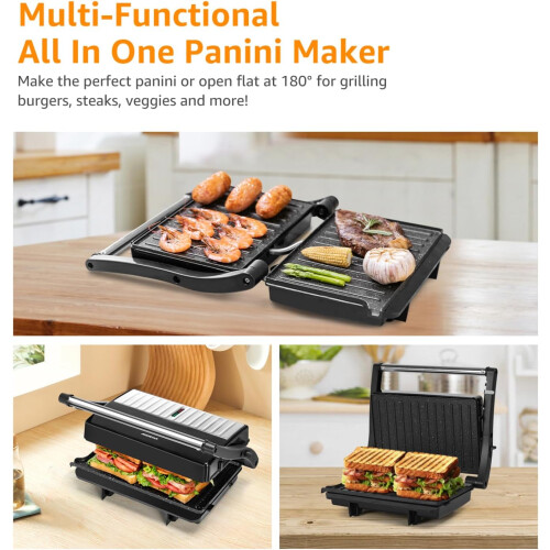 Panini Press Grill, 1000W Sandwich Maker with Ceramic Nonstick Plates, Opens 180 Degrees 1