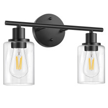 Bathroom Light Fixtures, 2 Light Matte Black Vanity Light, Vintage Wall Sconces Lighting, Modern Bath Wall Mounted Lights with Glass Shade